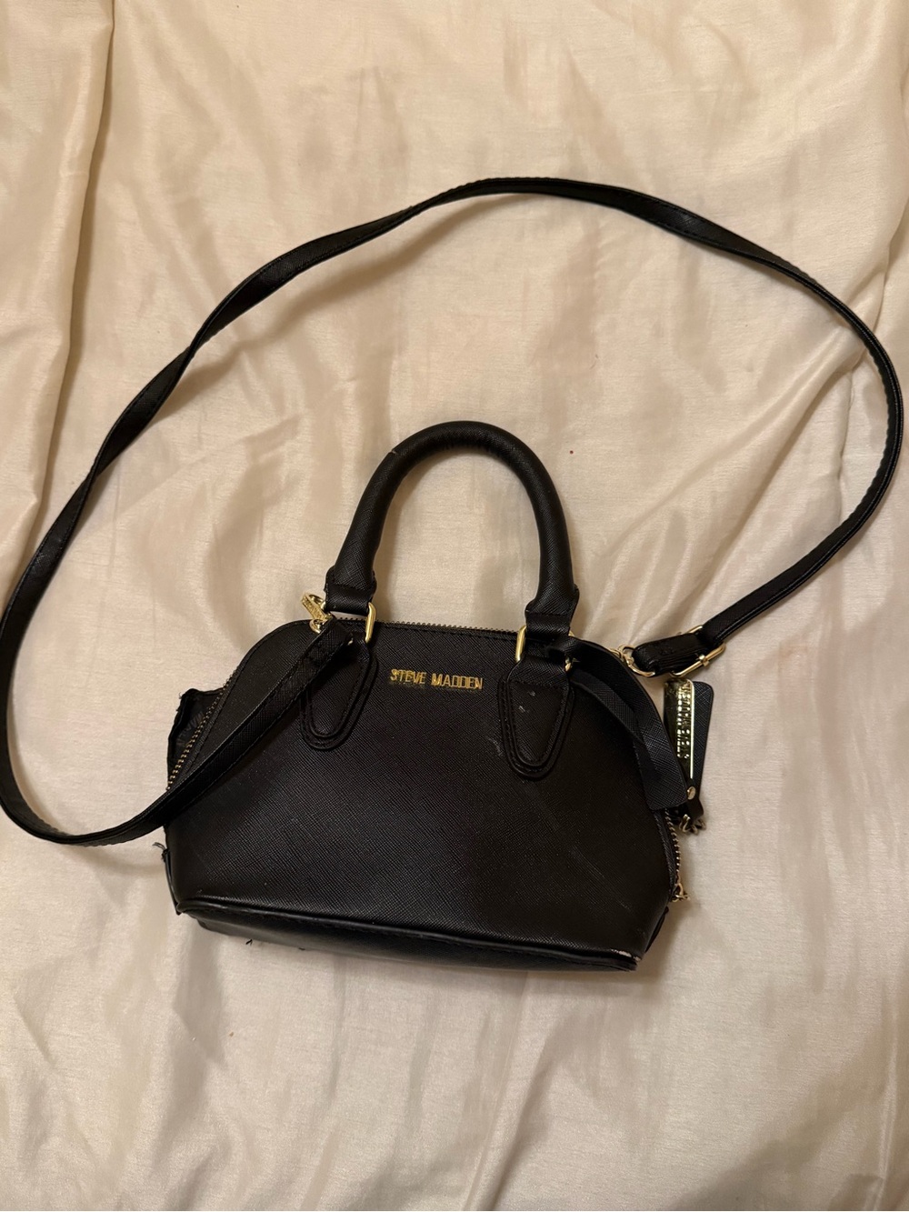 Steve Madden Black Leather-Look Mini Satchel with Gold Hardware